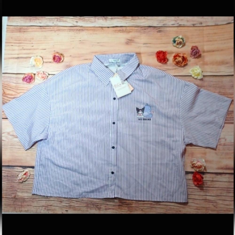 Sanrio Kuromi Pinstriped Boyfriend Cut Button-down Blouse NWT